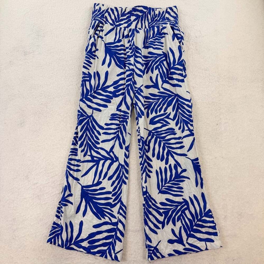 Happily Grey Blue Palm Leaf Wide Leg Linen-Blend Resort Pants Size Large